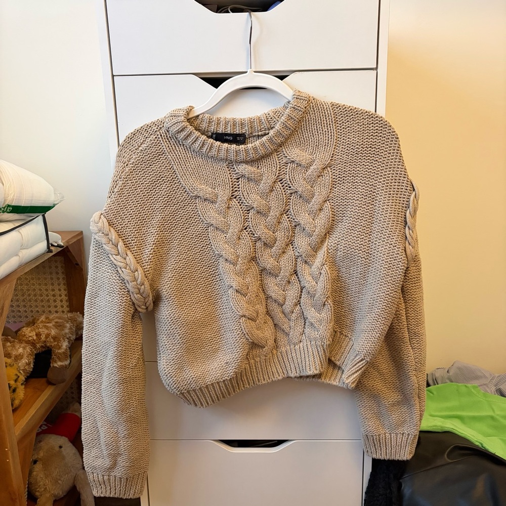 Mango Cropped Cable Knit Sweater - Beige